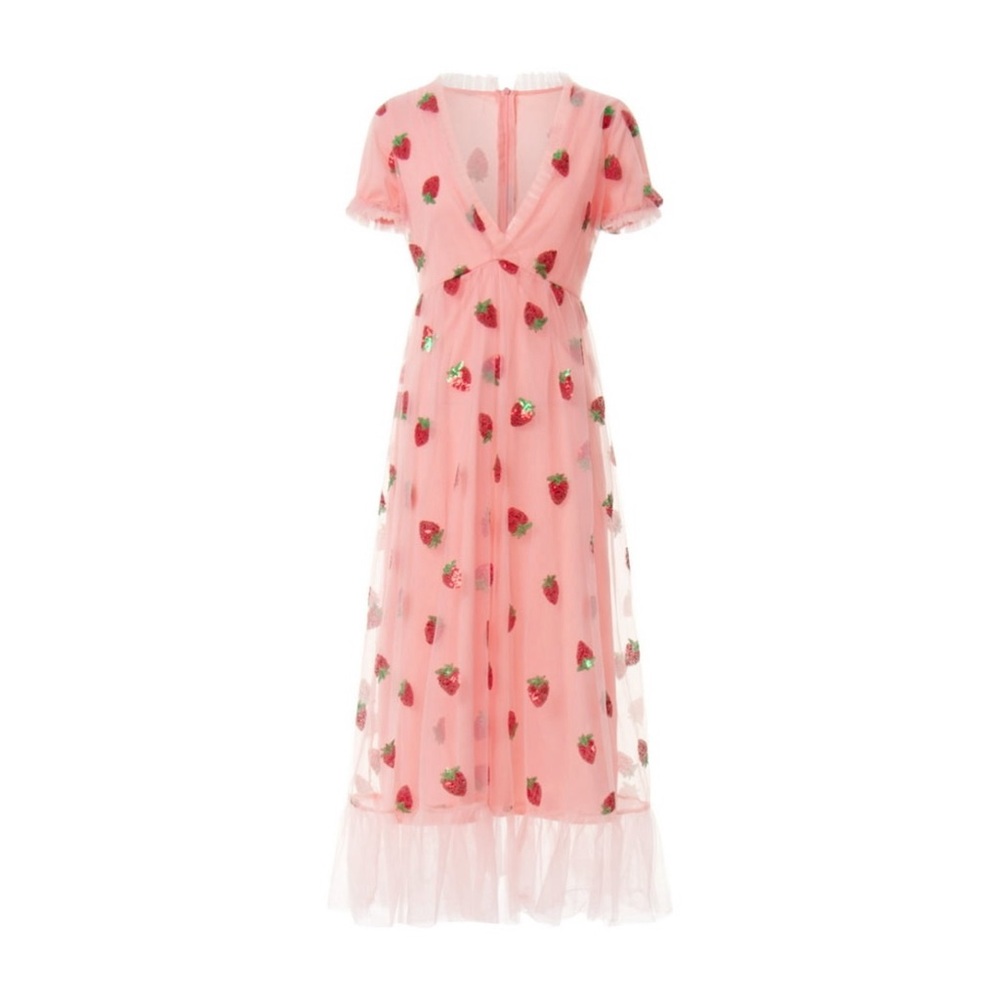 Pink Sheer Dress with Strawberry Sequin Embroidery Womens Size 10